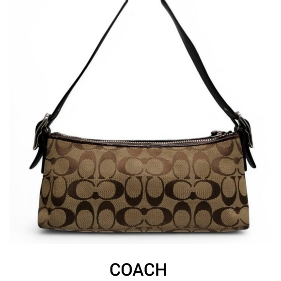 Vintage Y2K Coach Signature Mini Shoulder Bag Brown Tan Preppy Leather Canvas - Picture 1 of 7